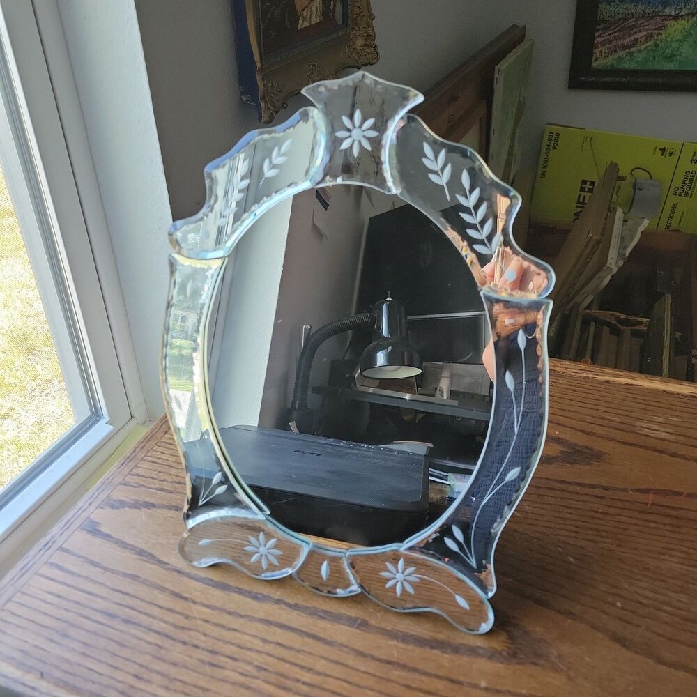 Vtg Style Venetian Etched Glass Tabletop Vanity Mirror 13" tall Velvet Back Repr